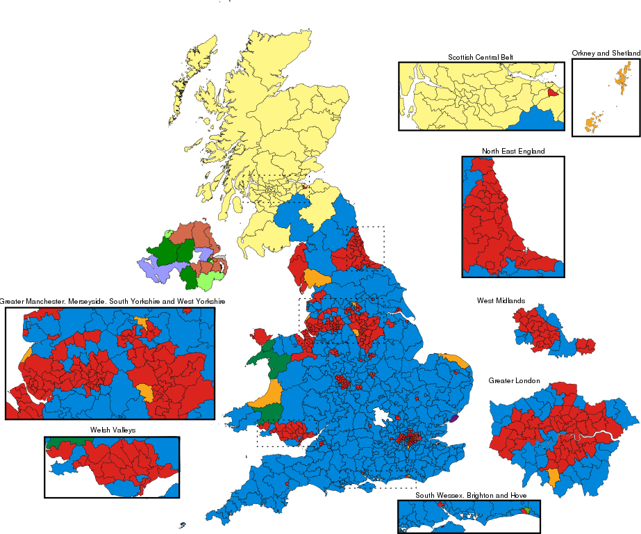 A map depicting the results of the 2015 General Election in the United Kingdom.